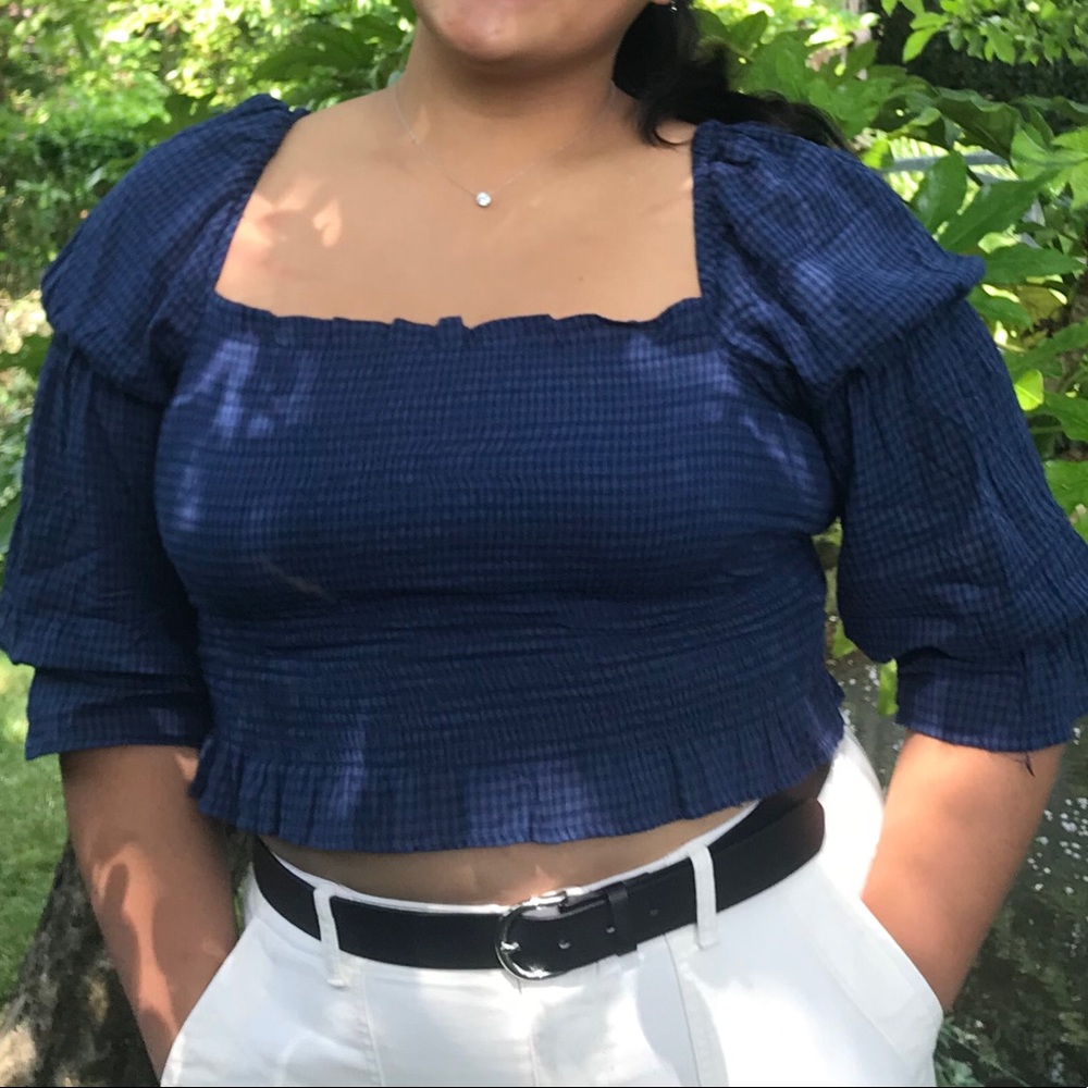 Blue Checkered Runched Blouse